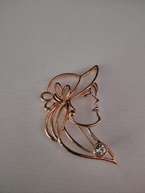 Gold Toned  Vintage Toma Lady Silhouette Brooch with Crystal Accent